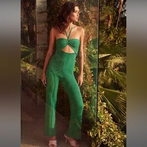 Lulus Love the Vibes Green Ribber Cutout Halter Lounge Jumpsuit - XS